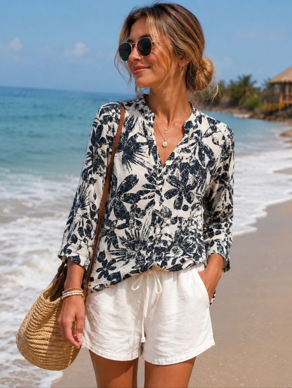 Harvé Benard Linen Cotton Floral Blouse Black Ivory Coastal Resort Top S